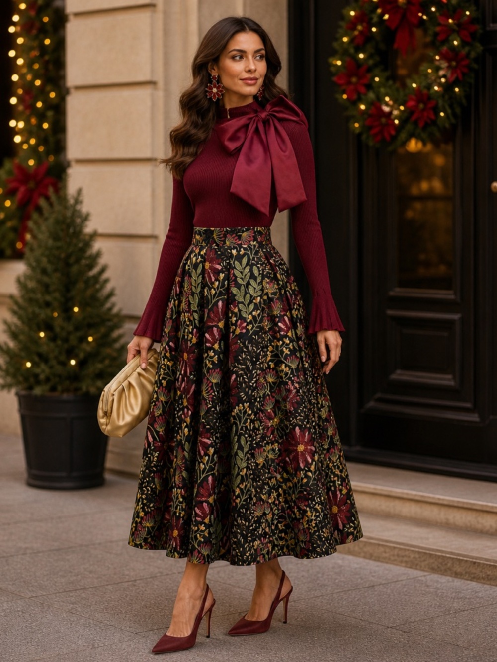 CHICWISH Women Bow Tied Long Sleeve Knit Top and Jacquard Skirt Set S / M